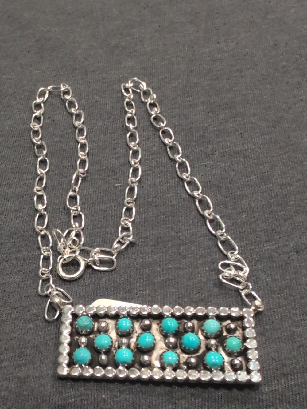Sterling Silver Chain Necklace with Turquoise Bead Bar Pendant By Kenny Lonjose
